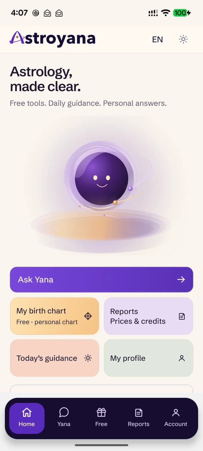 Astroyana Android app with Ask Yana, birth charts, reports and daily guidance